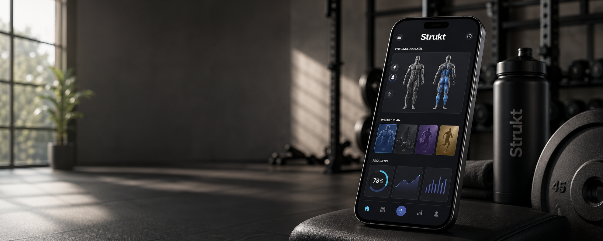 StruktFit app mockup showing AI physique analysis, weekly plan cards, and progress metrics